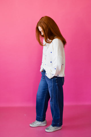 Piper Cardigan - Embroidered Heart In Royal Blue