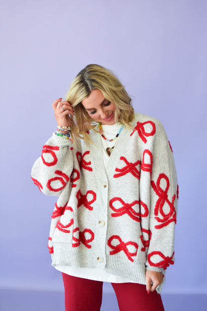 Taryn Bow Cardigan in Cream/Red