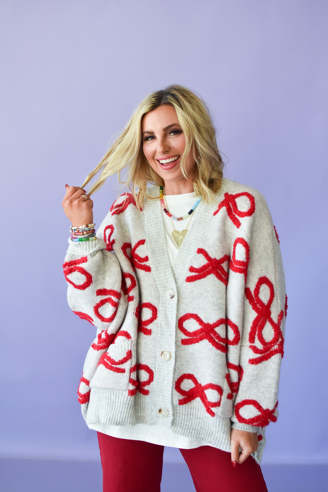 Taryn Bow Cardigan in Cream/Red