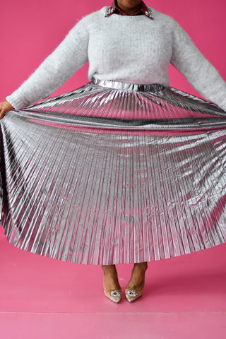Sofie Metallic Pleated Midi Skirt in Silver