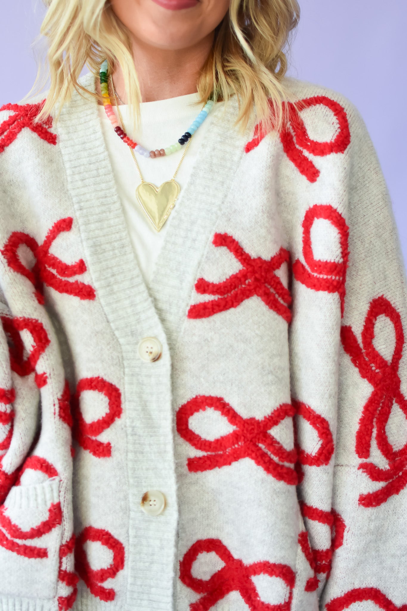 Taryn Bow Cardigan in Cream/Red