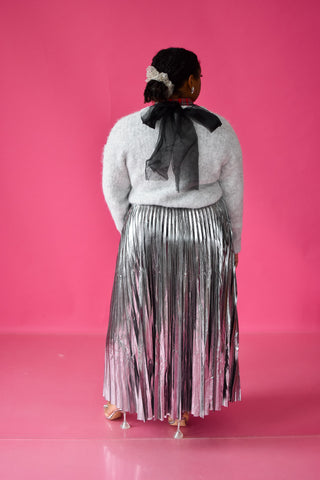 Sofie Metallic Pleated Midi Skirt in Silver