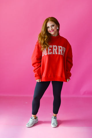MERRY Embroidered Mock Neck in Red *PREORDER*