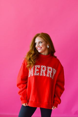 MERRY Embroidered Mock Neck in Red *PREORDER*