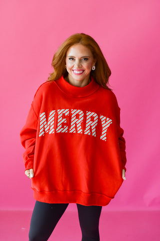MERRY Embroidered Mock Neck in Red *PREORDER*