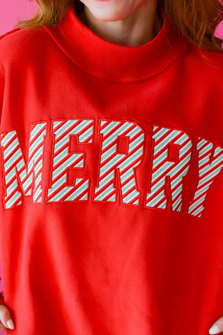 MERRY Embroidered Mock Neck in Red *PREORDER*