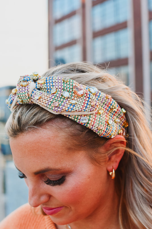 Rainbow Raffia Rhinestone Headband