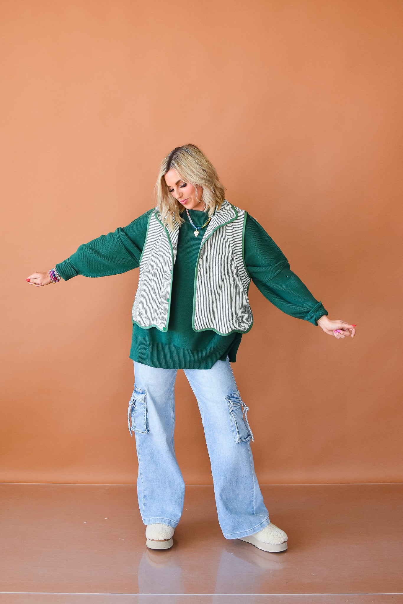 Gretchen Puffer Vest in Green/Ivory Stripe