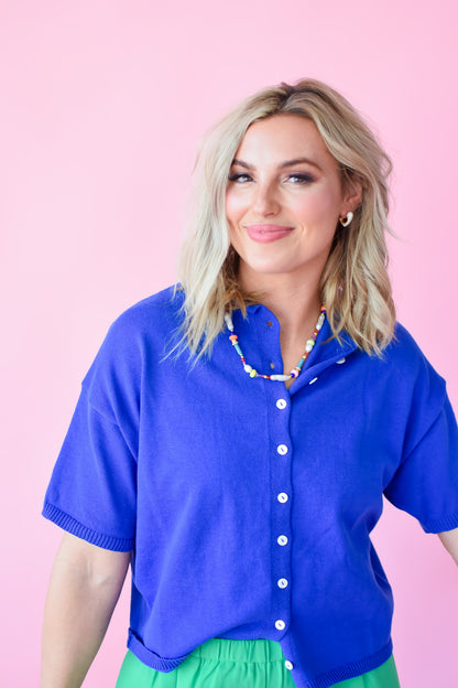 Charlie Short Sleeve Cardigan in Cobalt