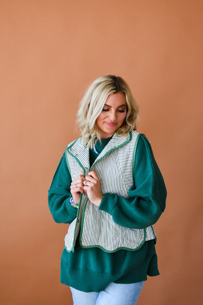 Gretchen Puffer Vest in Green/Ivory Stripe