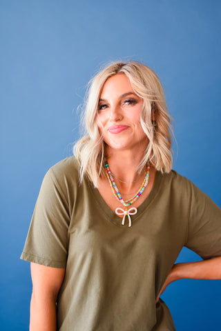 Kate Classic V Neck Boxy Fit Tee in Olive
