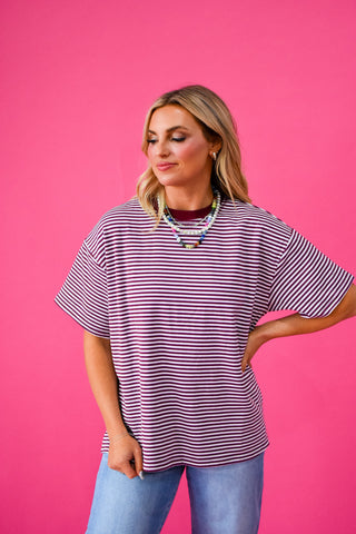 McCall Oversized Stripe Tee in Plum