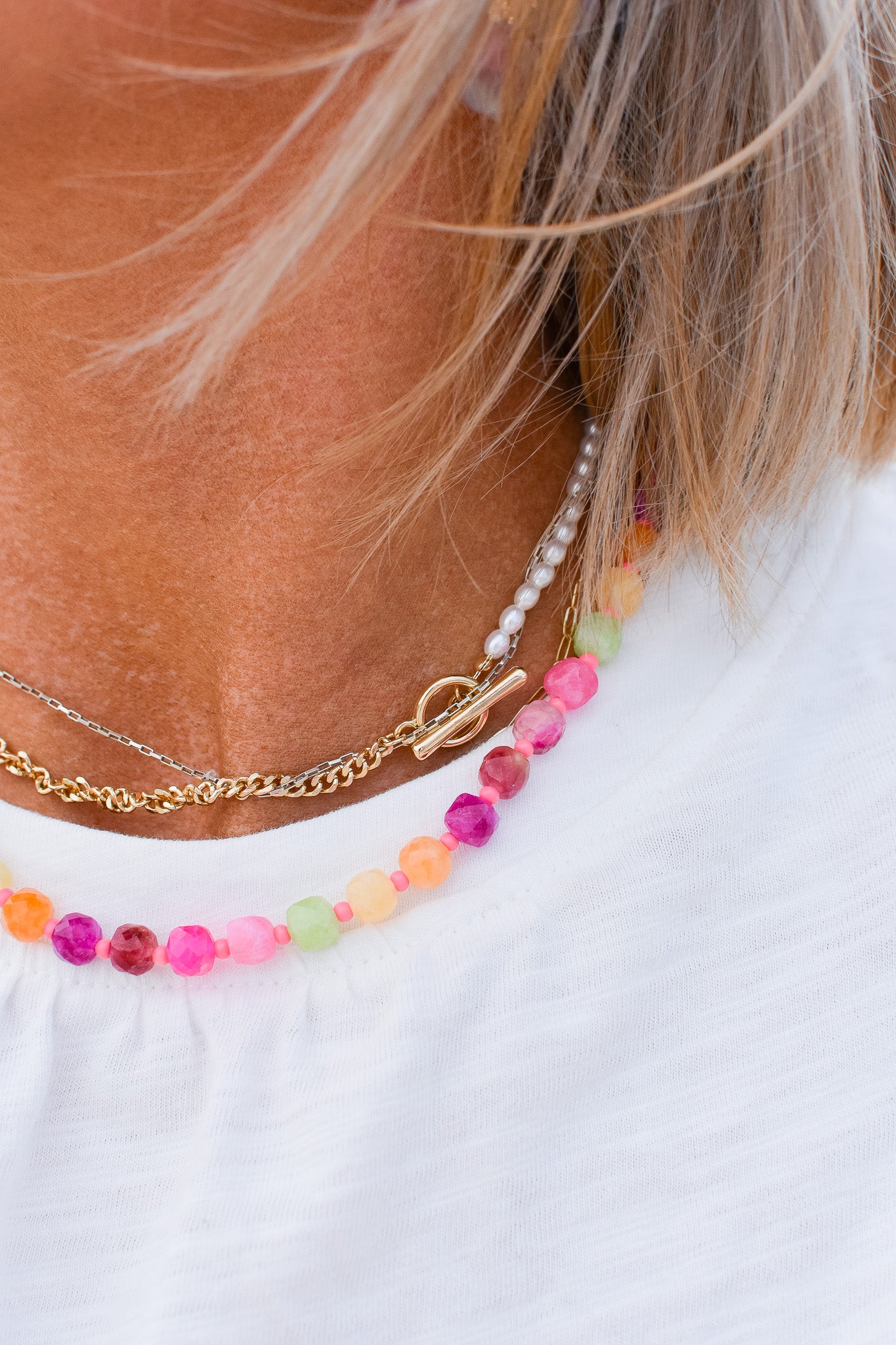 Rainbow Necklace Luxe - Pink Gemstone