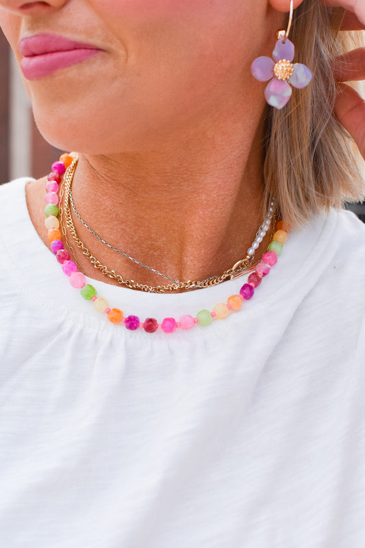 Rainbow Necklace Luxe - Pink Gemstone