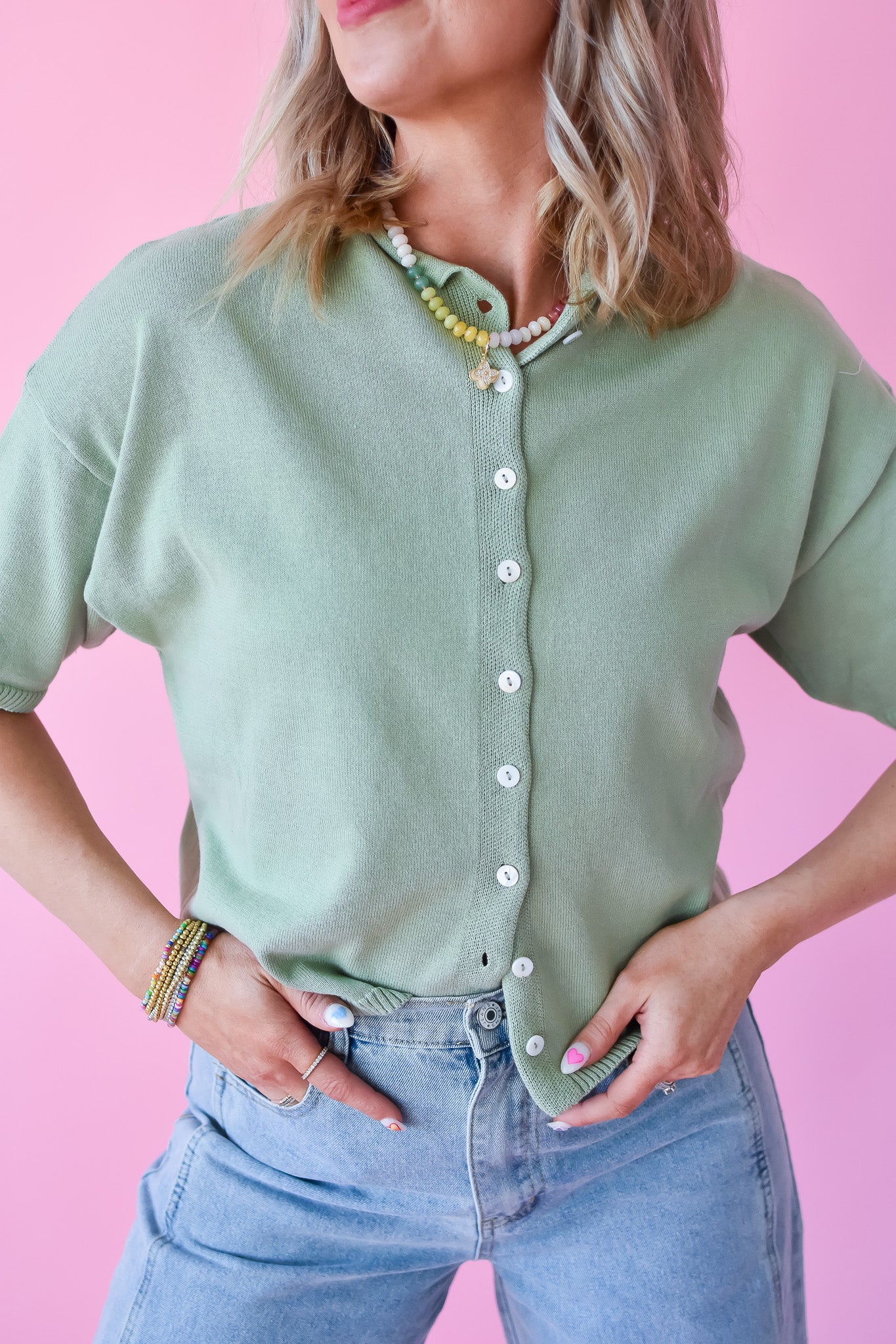 Charlie Short Sleeve Cardigan in Pistachio Green