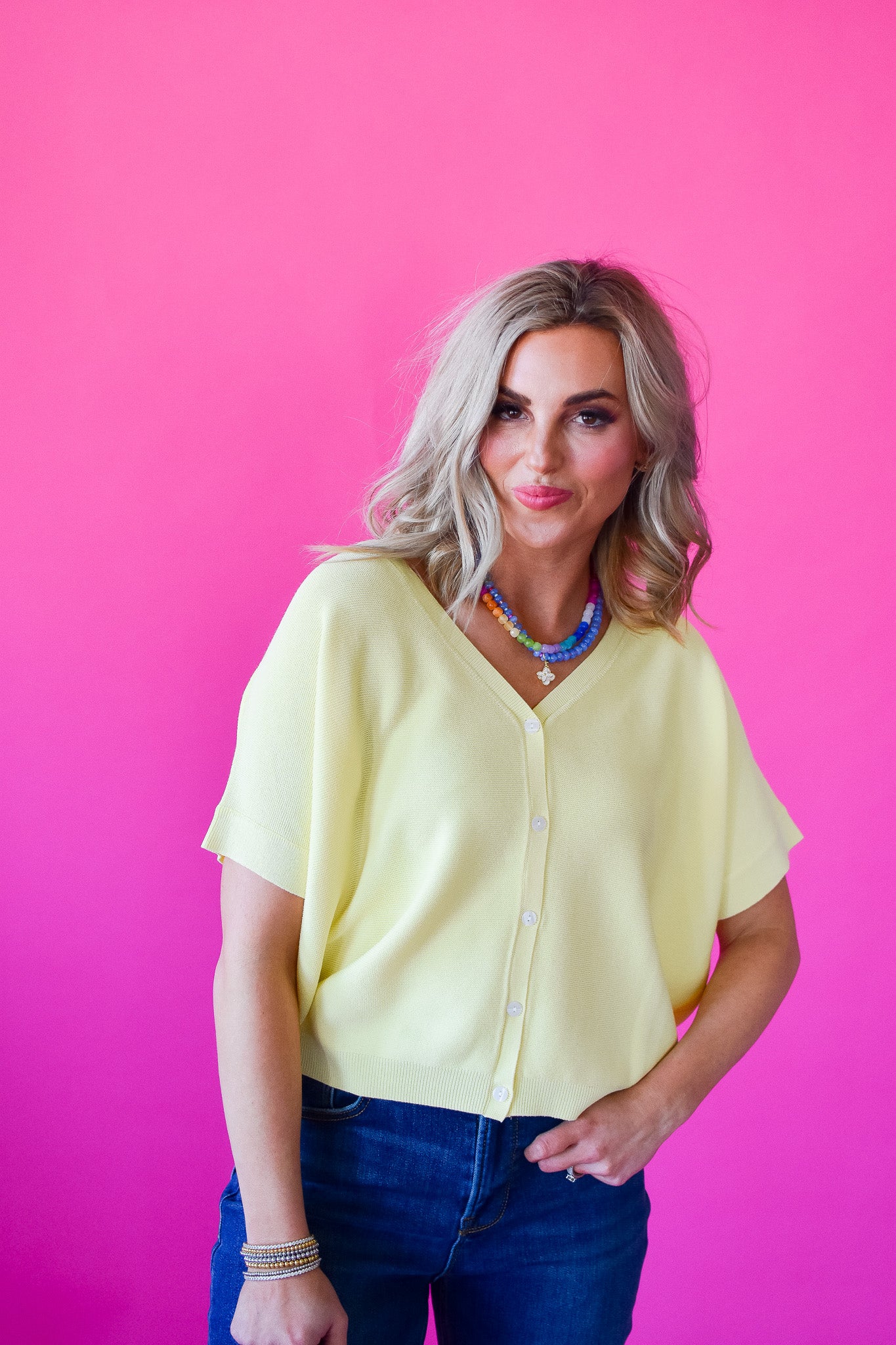 Alaina Short Sleeve Cardigan in Lemon