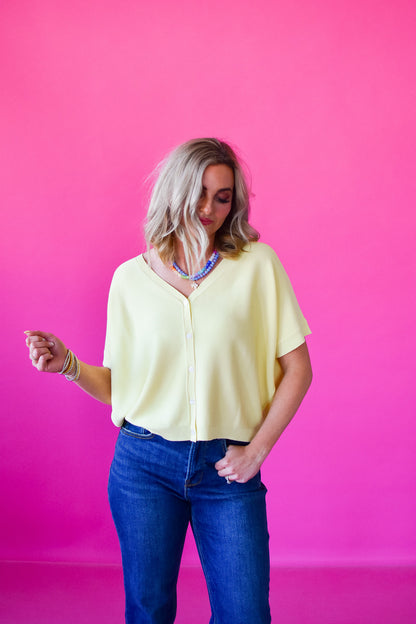 Alaina Short Sleeve Cardigan in Lemon