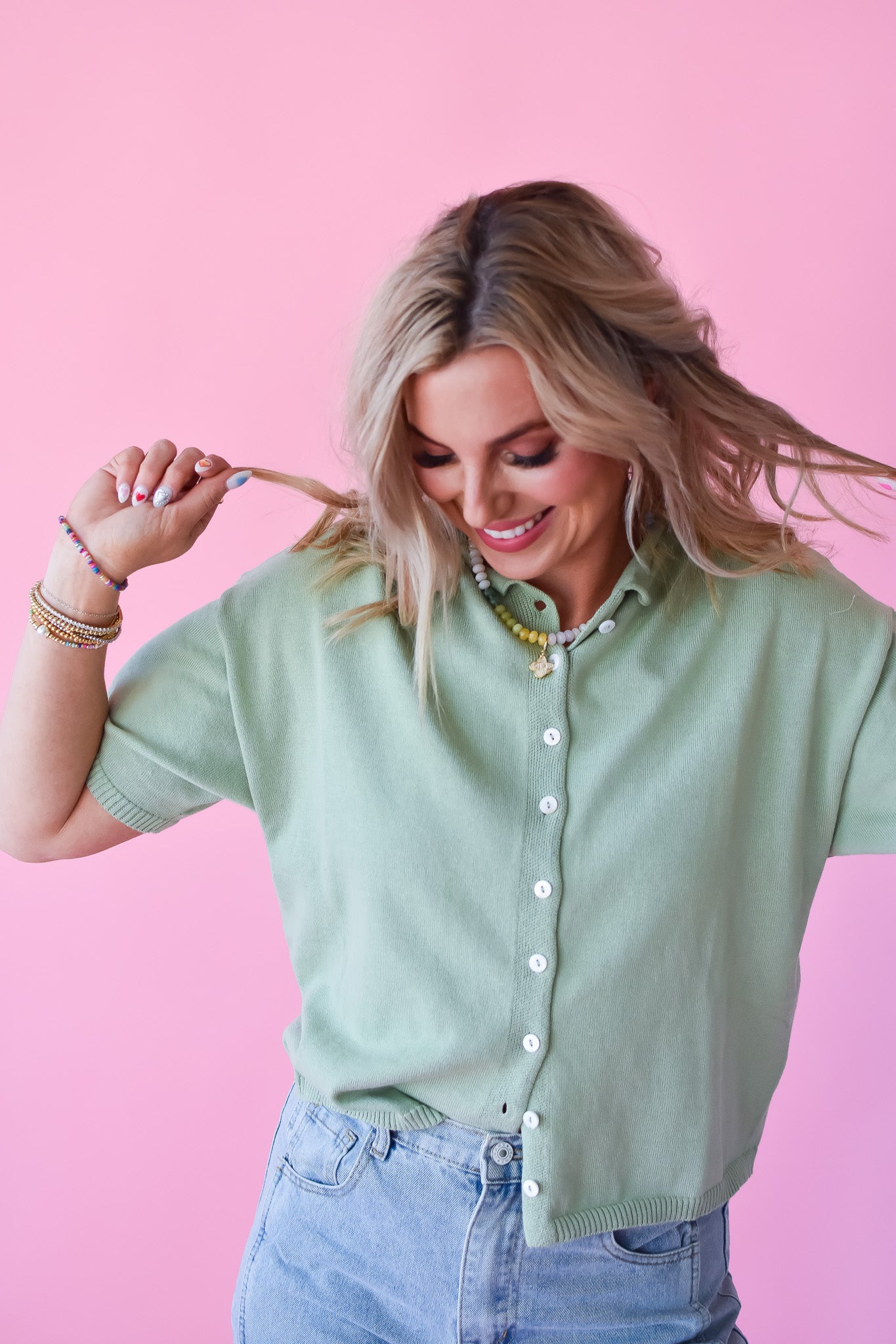 Charlie Short Sleeve Cardigan in Pistachio Green