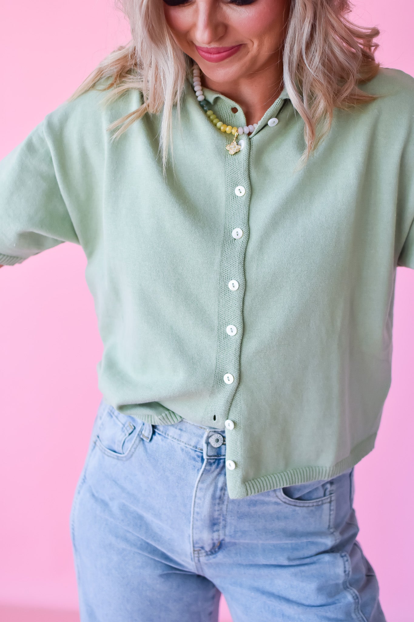 Charlie Short Sleeve Cardigan in Pistachio Green