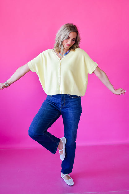 Alaina Short Sleeve Cardigan in Lemon