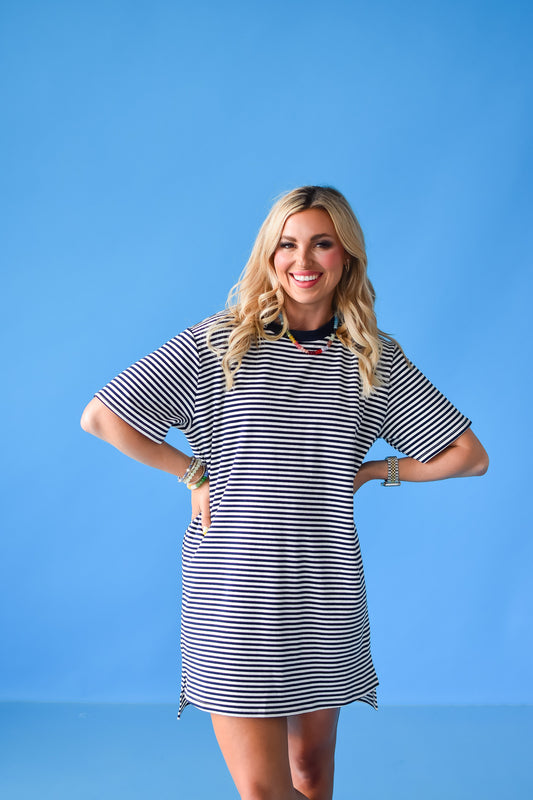 Britty Striped Tee Shirt Dress in Navy