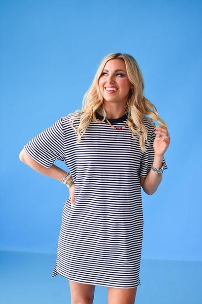 Britty Striped Tee Shirt Dress in Navy