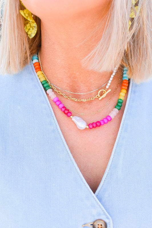 Rainbow Necklace Luxe - Colorful Gemstone with Pearl
