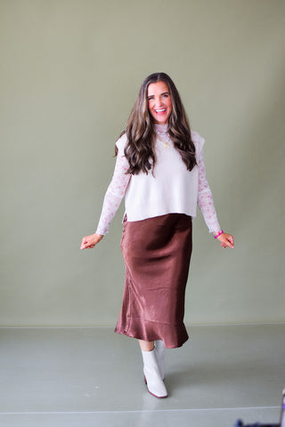 Catherine Satin Midi Skirt in Chestnut