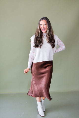 Catherine Satin Midi Skirt in Chestnut