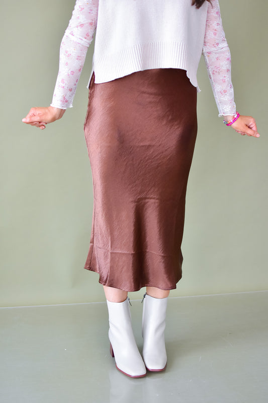 Catherine Satin Midi Skirt in Chestnut