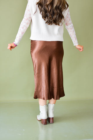 Catherine Satin Midi Skirt in Chestnut