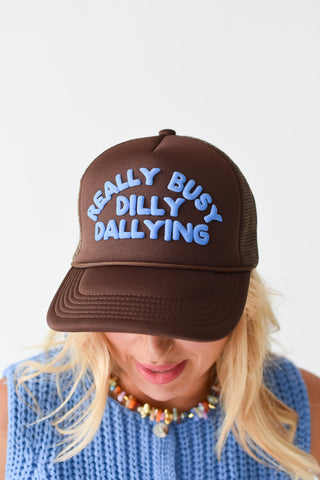 Really Busy Dilly Dallying Trucker Hat in Brown/Blue