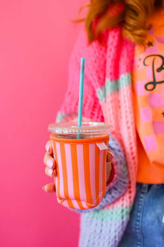 Coffee Sleeve 16 oz - Pink and Orange Stripes