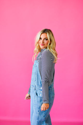 Vivi Stripe Mock Neck Top in Navy/White