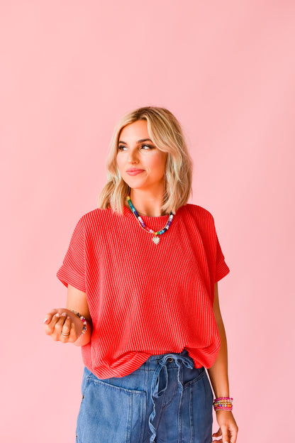 Kasie Ribbed Tee in Red - RESTOCK