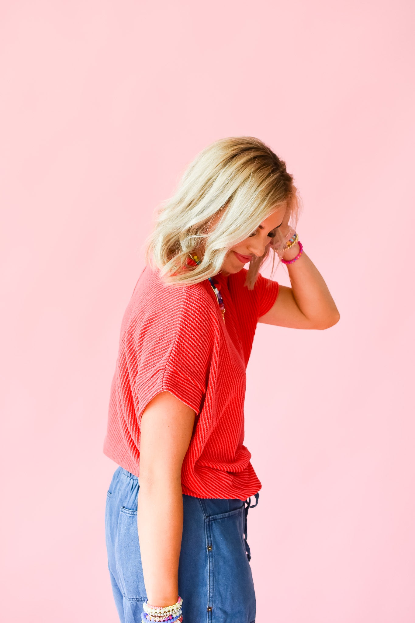 Kasie Ribbed Tee in Red - RESTOCK