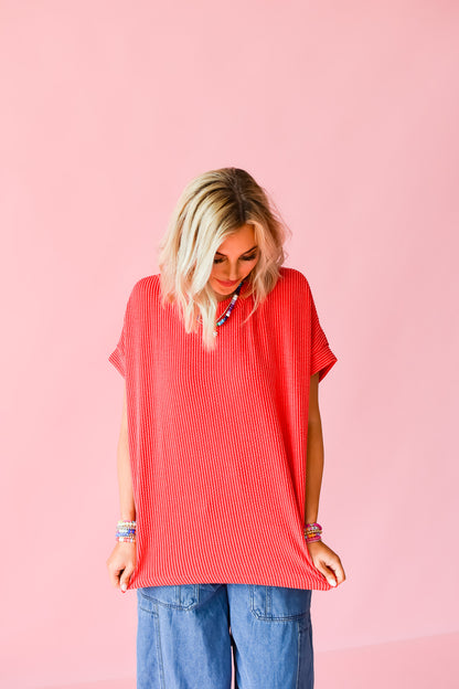 Kasie Ribbed Tee in Red - RESTOCK