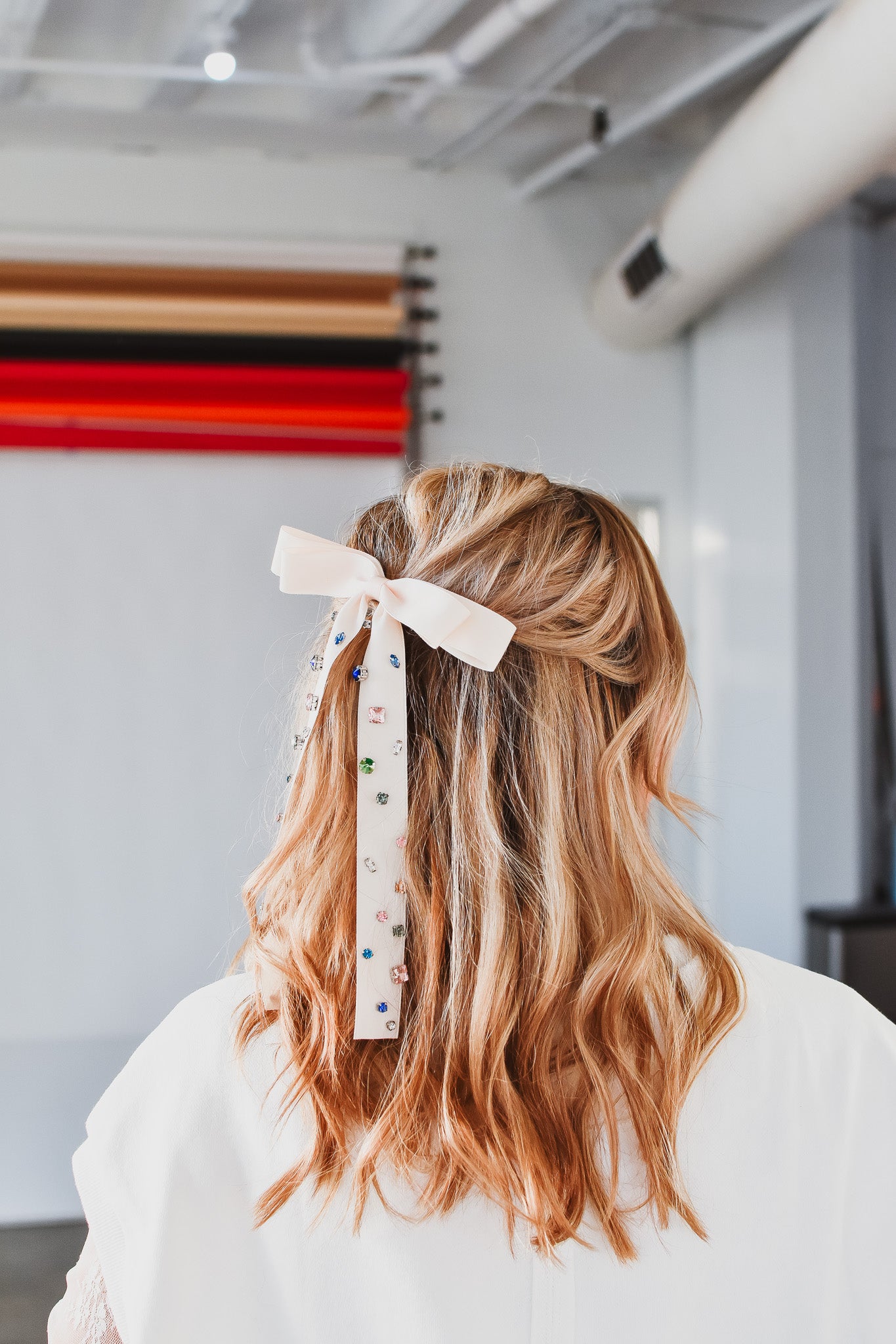 Colorful Rhinestone Ribbon Hair Clip - White