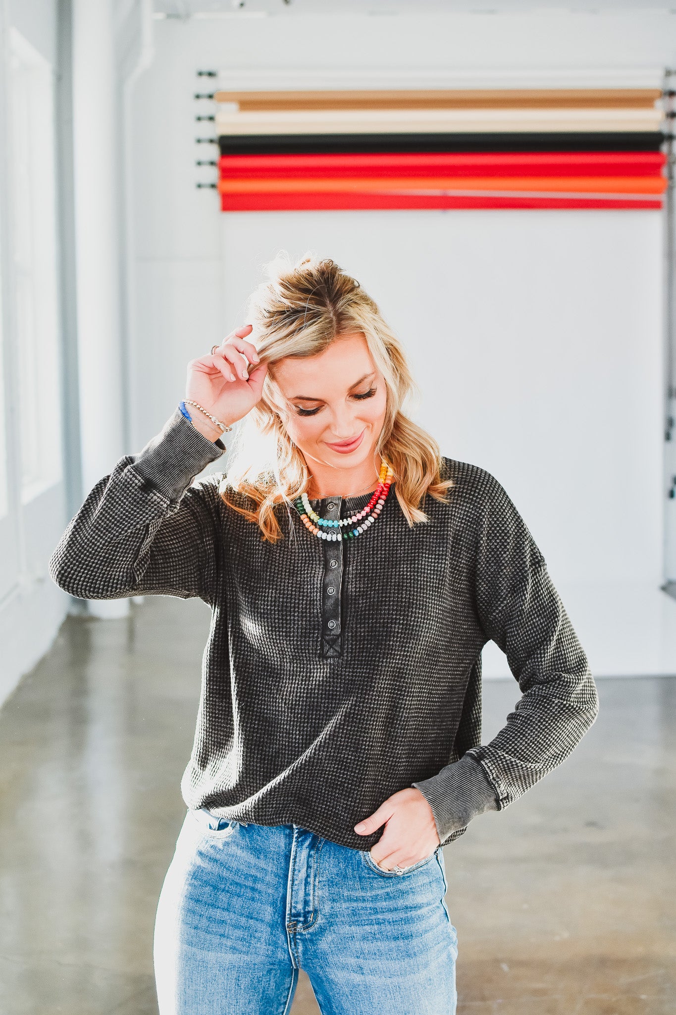 Carol Waffle Henley in Black