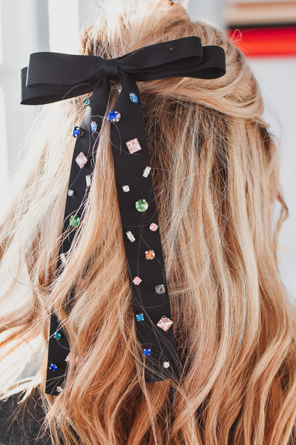 Colorful Rhinestone Ribbon Hair Clip - Black