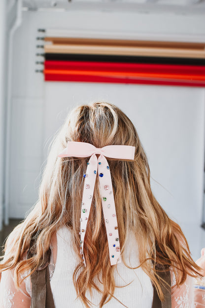 Colorful Rhinestone Ribbon Hair Clip - Blush