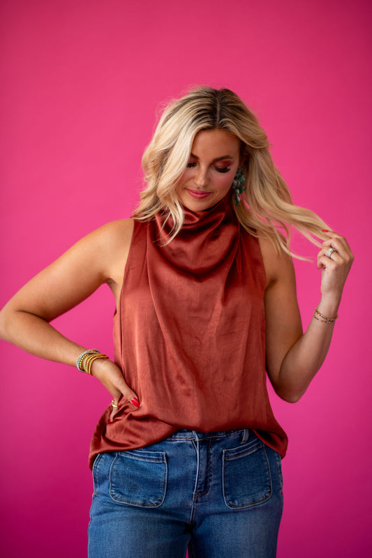 Maria Silk Sleeveless Top in Cognac