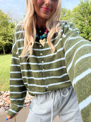Piper Cardigan in Olive/Blue Stripe