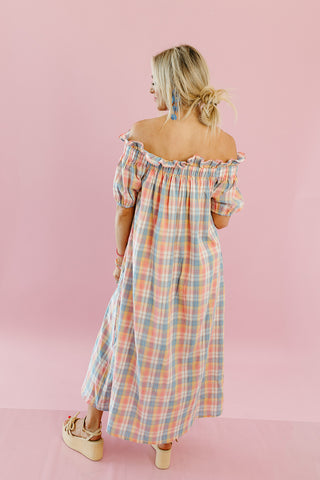 Natasha Plaid Off The Shoulder Maxi Dress