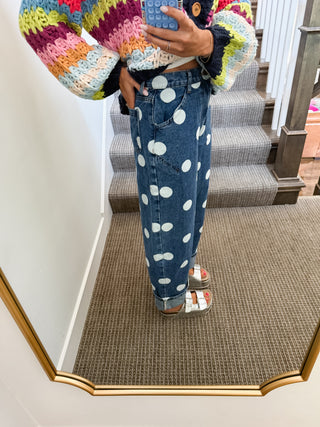 Ellie Polka Dot Rolled Up Barrel Denim in Medium Wash