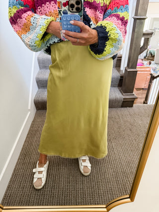 Frankie Satin Midi Skirt in Chartreuse