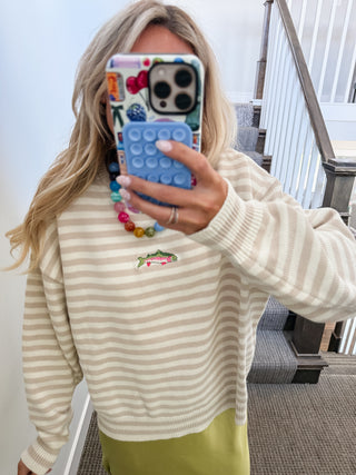 Briar Stripe Embroidered Fish Sweater in Taupe