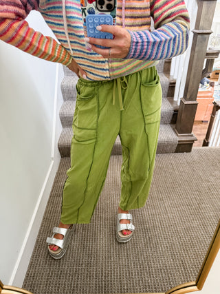 Lou Mineral Wash Barrel Pants in Olive Green