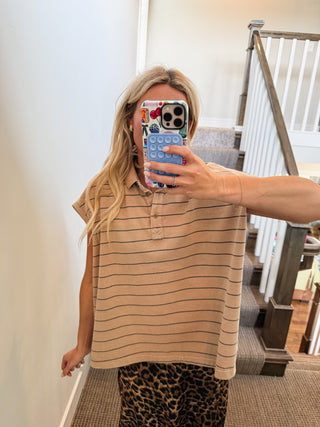 Alley Stripe Polo Top in Taupe