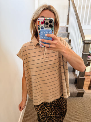 Alley Stripe Polo Top in Taupe